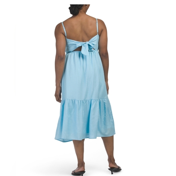 💙🔹️Japna🔹️ Aquamarine Linen Blend Tiered Blue Midi Dress - Picture 3 of 3